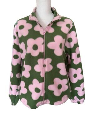 Better Unsaid Women's Green Pink Flower Fleece Jacket Size Large NWT